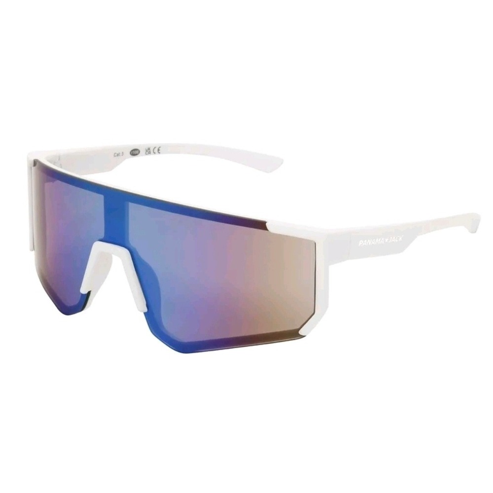 Panama Jack White Shield Sunglasses Blue Mirrored Lens Sport Wrap New